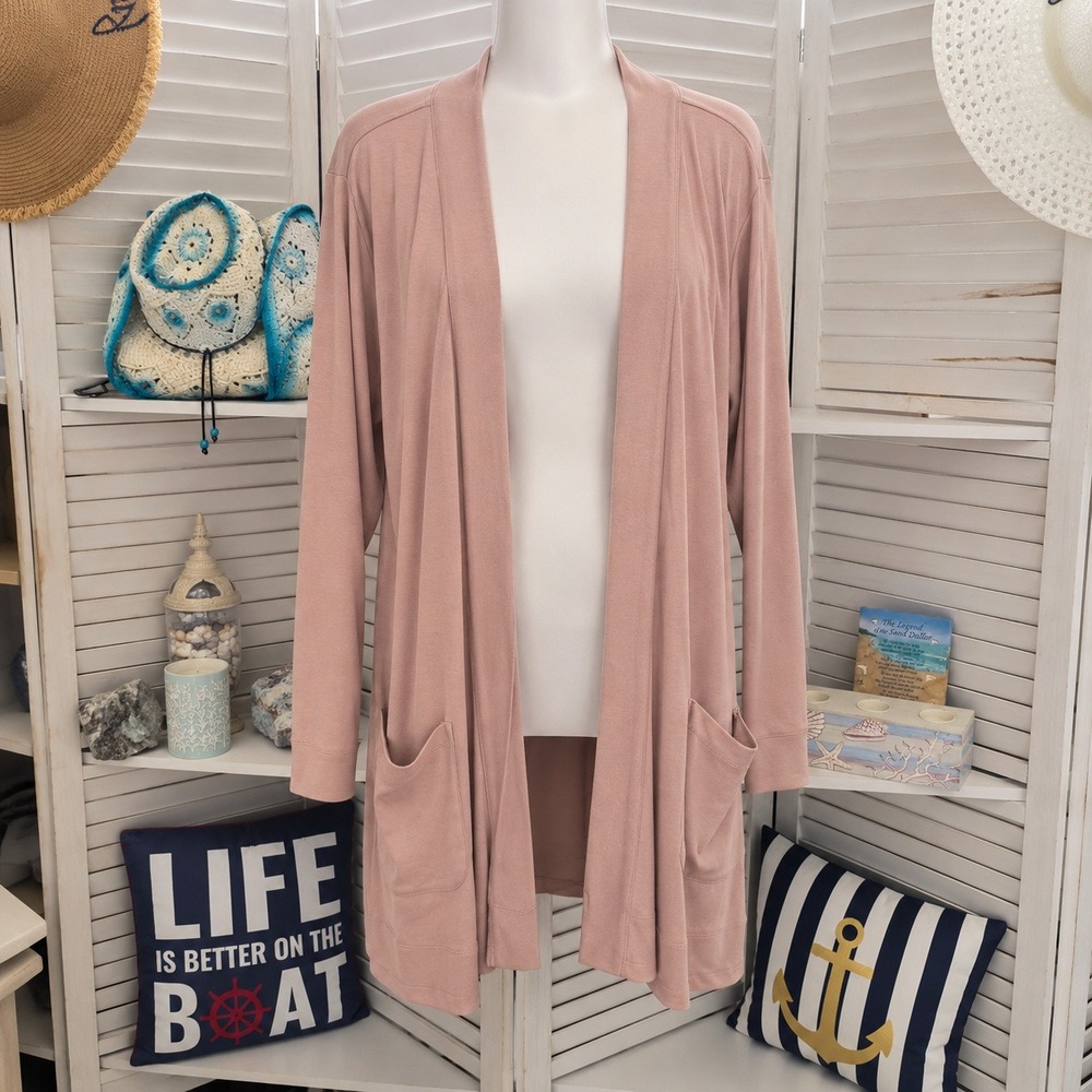 Isaac Mizrahi Beige Cotton Cardigan Sweater SZ XL Pockets Loungewear Comfortcore